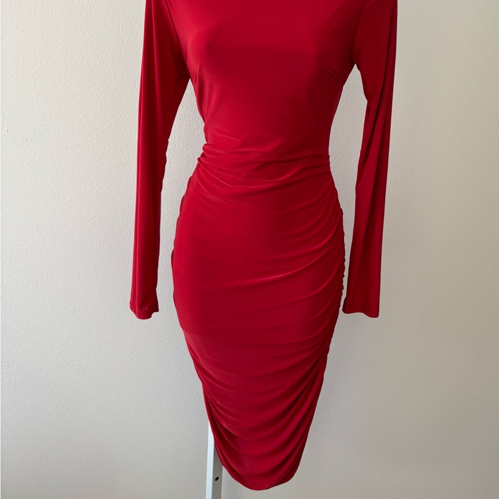 Fashion Nova Dress Medium Red Midi Body Con Backless Ruched Coquette Festival - Picture 2 of 12